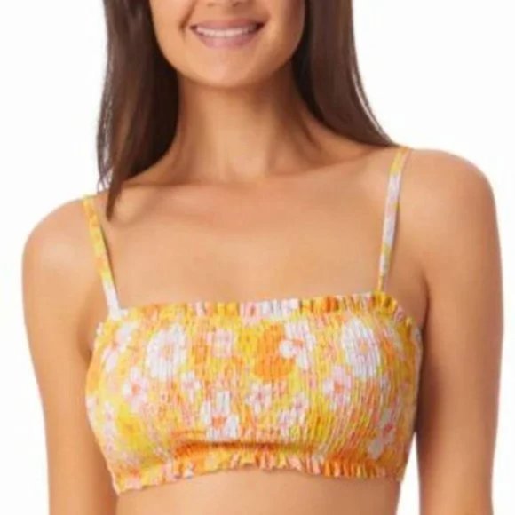 California Waves Floral Print Smocked Bandeau Bikini Top Yellow S - Picture 1 of 13